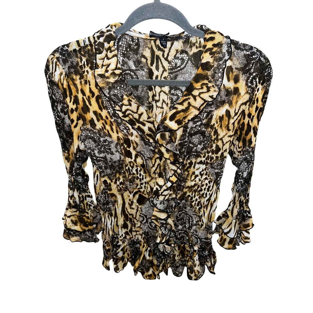 Essentials by Milano Animal Print Ruffle V-Neck Button Up Blouse Women's Size S